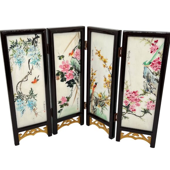Vintage Chinese Folding Mini Screen With Hand-Painted Stone Panels Landscape Woo - Picture 4 of 9